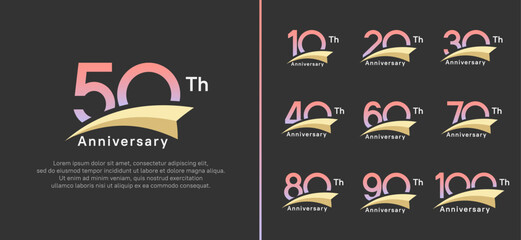 set of anniversary logo style yellow ribbon. vector design pink color for celebration