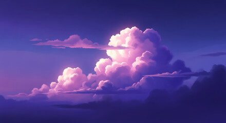 A dramatic and beautiful sky filled with large, fluffy cumulus clouds illuminated by soft pink and purple light.