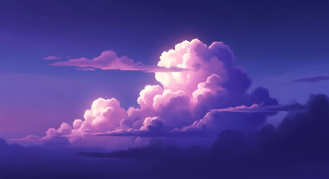 A dramatic and beautiful sky filled with large, fluffy cumulus clouds illuminated by soft pink and purple light.