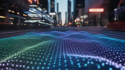 Abstract Digital Waveform Overlaying City Street Perspective View With Bokeh Lighting - Powered by Adobe