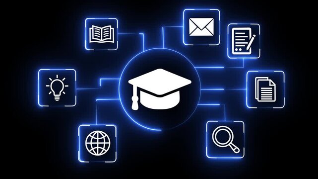  Glowing neon AI-powered teaching solutions concept on the transparent background. Intelligent tutoring systems and personalized learning. Motion graphics of tutoring idea.4k video animation,