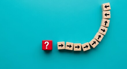 A single red cube with a question mark stands out from a line of cubes with arrows pointing forward on a blue background