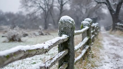 Rustic wooden fence covered in fresh snow during winter. - Powered by Adobe