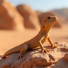 Desert lizard basking in the sun on a rock formation with sand dunes behind it