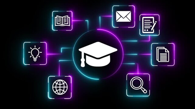  Glowing neon AI-powered teaching solutions concept on the transparent background. Intelligent tutoring systems and personalized learning. Motion graphics of tutoring idea.4k video animation, - Powered by Adobe