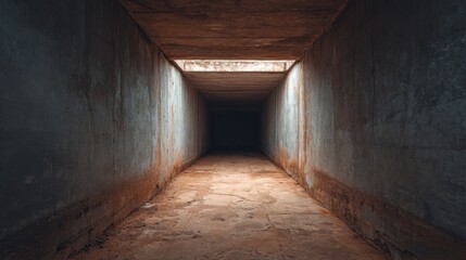 Obraz premium Dark and Fading Derelict Passageway with Textured Concrete Walls Leading Into Shadows and Uncertainty