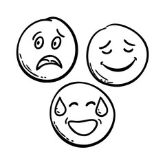 Smile doodle faces in hand drawn vector doodle sketchy style. Happy, sad, crying emotional scribbles, icon comic elements for business design.
