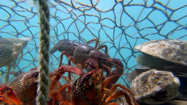 Underwater crustaceans and shellfish trapped in a fishing net