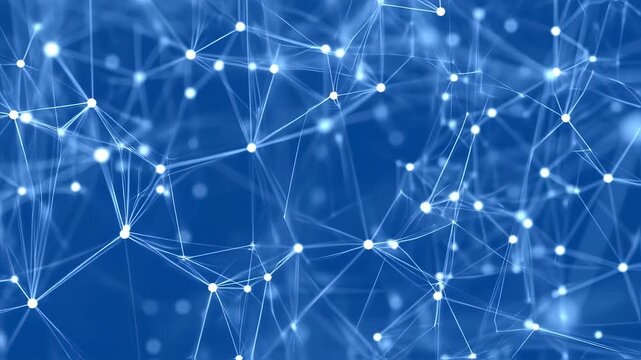 Abstract network of interconnected points and lines in a deep blue background