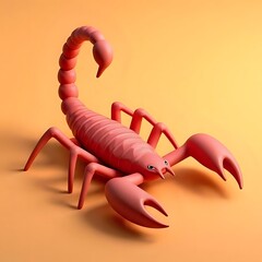 Stylized pink scorpion with a segmented tail on a light orange colored background
