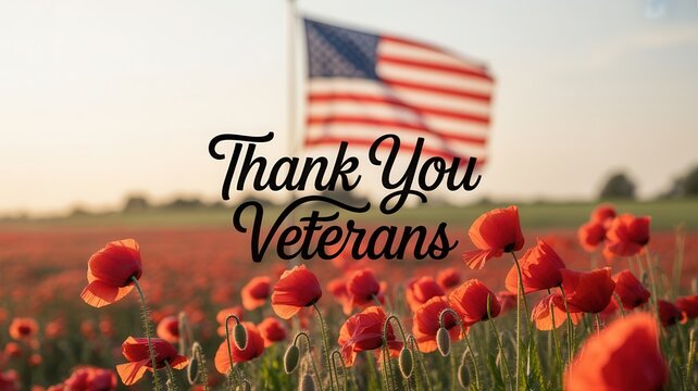 Thank you veterans text with american flag and red poppies field remembrance day patriotic tribute