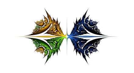 Futuristic totem with glowing symbols and arrows, against a dark background with colorful light beams.