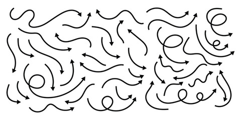 Squiggly arrow set. Chalk elements in flat style. Doodle movement spiral arrows, scribble, lines. Hand drawn pencil brush arrow icon. Vector illustration on white background.