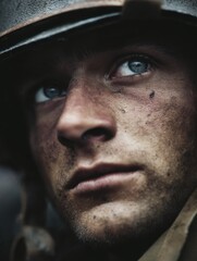 close up portrait of american soldiers from world war two captured in faded color film with a cinematic style