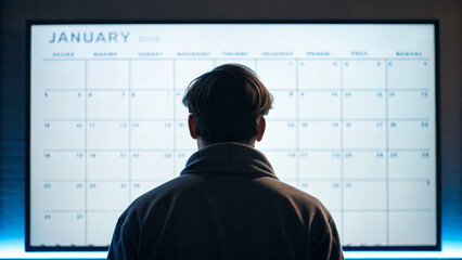 Upcoming new year business goal change planning calendar board person silhouette focused reflection