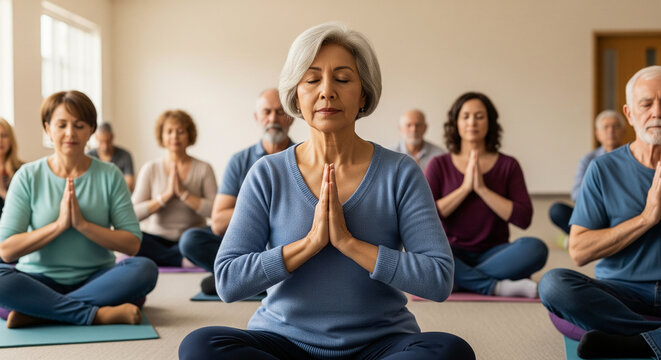 Diverse group of senior citizens practicing mindfulness meditation with eyes closed in a gentle yoga class for health and well-being - Powered by Adobe