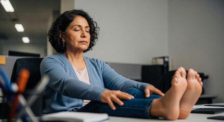 Mature businesswoman taking a wellness break at her desk, stretching her legs with eyes closed for mindfulness and stress relief in the office
