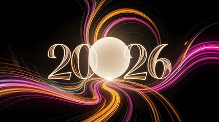 Dynamic 2026 Text with Colorful Light Trails and Sphere