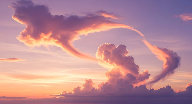 A surreal sky formation resembling a mythical creature or a celestial dance during a vibrant sunset.