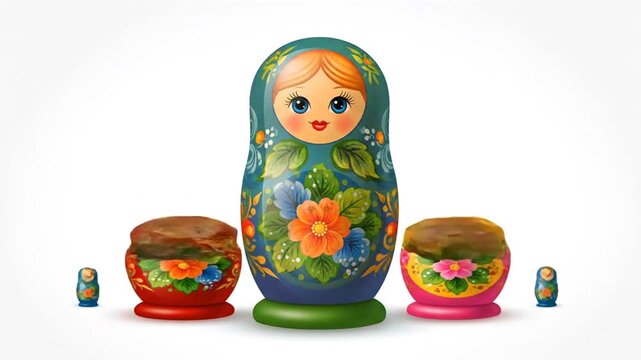 Colorful Russian Matryoshka Nesting Dolls on White Background.