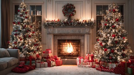 festive christmas tree and fireplace scene with gifts