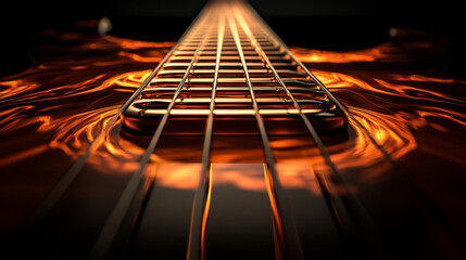 guitar strings creating abstract light reflections, with sharp detail, metallic texture, and shimmering highlights
