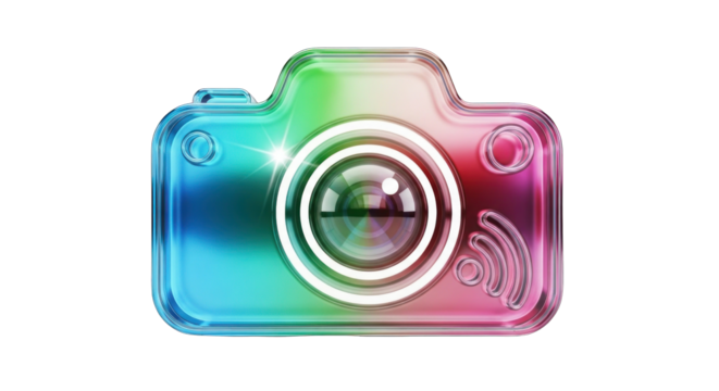 Stylized digital camera icon with iridescent colors isolated on white. - Powered by Adobe