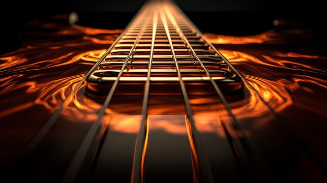 guitar strings creating abstract light reflections, with sharp detail, metallic texture, and shimmering highlights