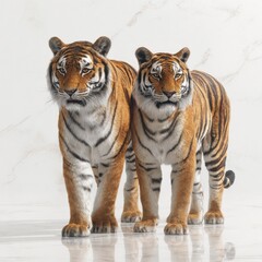 Fototapeta premium close up two bengal tigers standing on ivory marble floor isolated on white background in ultra detailed photorealistic style