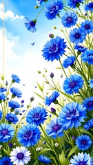 Vibrant blue flowers against a bright sky