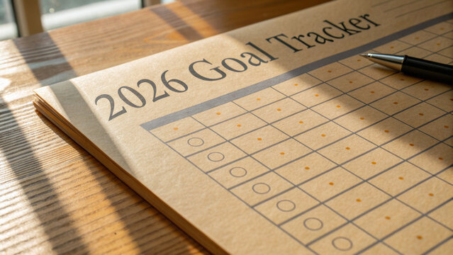 2026 new year goals happy end planner with blank chart and pen for productivity and motivation - Powered by Adobe