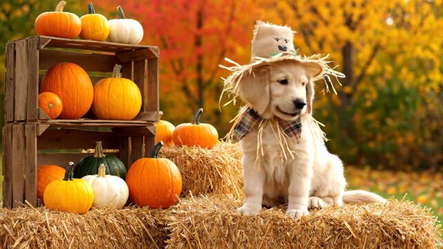 Charming Golden Retriever Puppy Dressed as a Scarecrow, Sitting on Hay Bales Amidst Pumpkins, Celebrating the Festive Autumn Season with a Whimsical and Playful Vibe