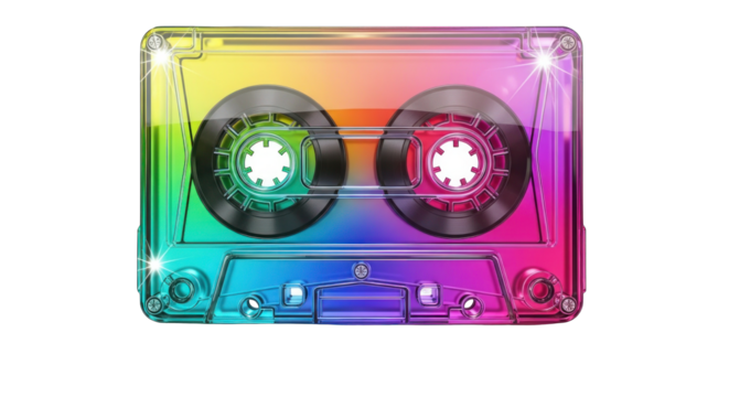 Colorful cassette tape with rainbow hues and transparent design. - Powered by Adobe