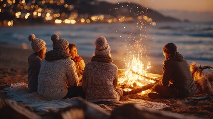 portrait of a family celebrating christmas around a bonfire on the beach photo