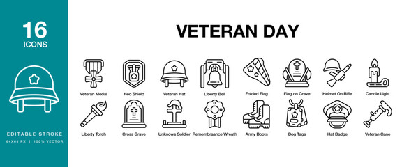 Veteran Day icon set. Includes veteransday, remembrance, honor, service, military and More. Editable Stroke Icon Collection.