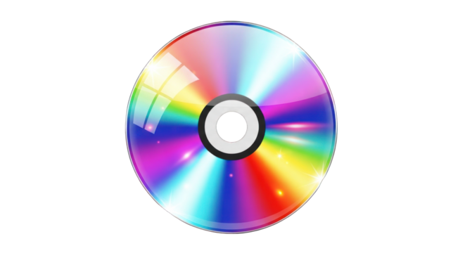 Vibrant Rainbow CD Disc Reflecting Light on White Background.