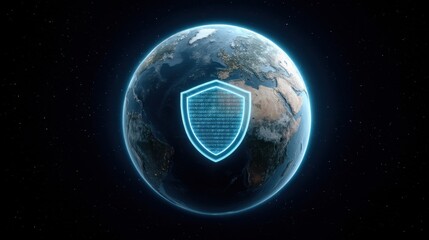 Illuminated Earth with Hologram Shield Over Europe in Space, Representing Protection and Security Concepts in a Stunning Visual Display