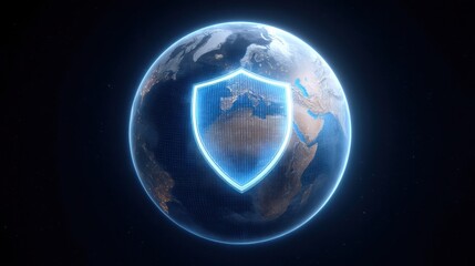 Illuminated Earth Hologram with Protective Shield Overlay Featuring Europe in a Detailed Digital Representation