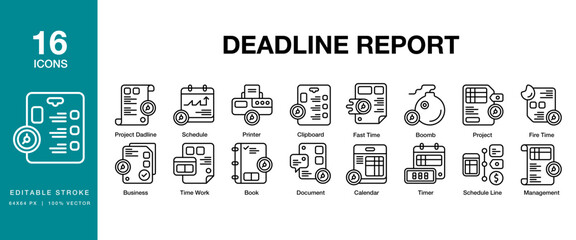 Deadline Report icon set. Includes deadline, report, due, task, project, schedule and More. Editable Stroke Icon Collection.
