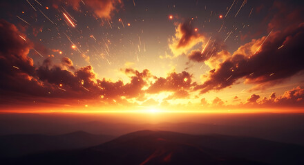 A breathtaking sunset over a vast, dark landscape, with fiery clouds and streaks of light illuminating the sky.