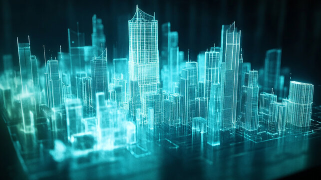 holographic city map glowing in a dark room, showing detailed streets, buildings, and digital grids. Perfect for concepts of technology, urban planning, smart cities, and futuristic design