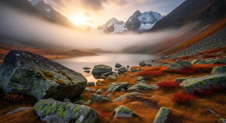 Misty Mountain Lake at Sunrise with Colorful Autumn Foliage and Snow-Capped Peaks.