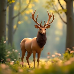 Majestic deer standing in a sunlit meadow surrounded by wildflowers and trees