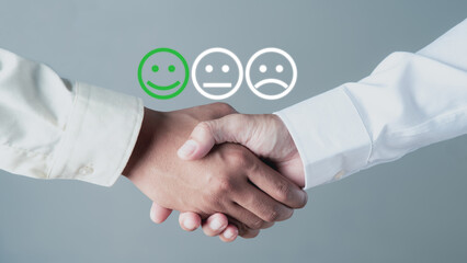Customer Satisfaction and Business Agreement, Handshake with Feedback Rating Icons for Trust, Service, and Partnership