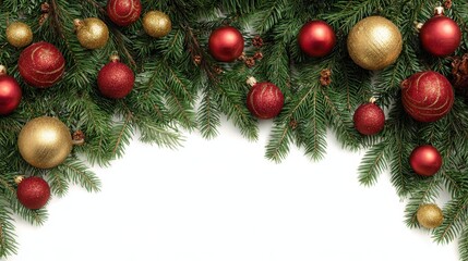 festive christmas frame with red and gold ornaments on evergreen branches for seasonal decor