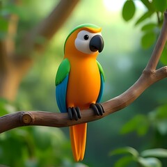 Colorful cartoon parrot perched on a branch in a lush green tropical environment