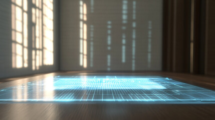 holographic graph floats above a sleek table, glowing with data lines and bars, casting subtle light reflections on the surface below