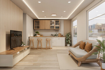 Wooden sofa across TV and kitchen counter with dining table and glass window in condo apartment room