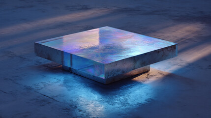 holographic graph floats above a sleek table, glowing with data lines and bars, casting subtle light reflections on the surface below