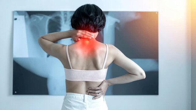 Woman experiencing neck and back pain seeks medical attention for potential spinal issues after seeing her x-ray, showcasing health concerns